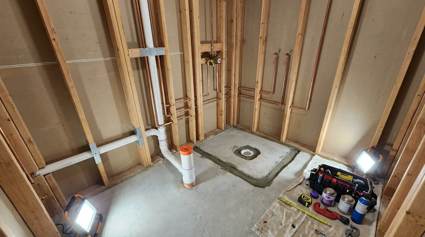 Bathroom rough-in plumbing during remodel by Johns Plumbing LLC in Nunda