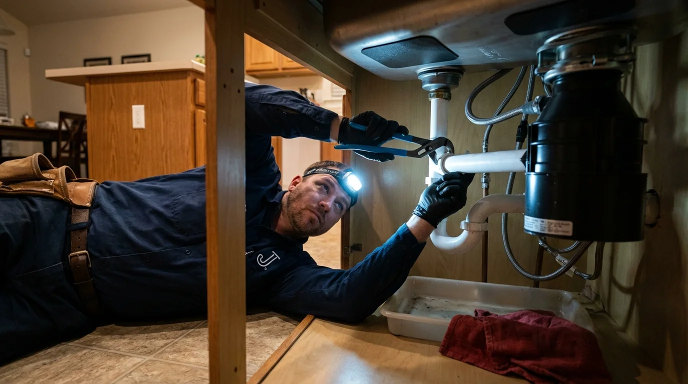 P-trap and supply line connections under a kitchen sink showing a common leak point in Nunda, NY